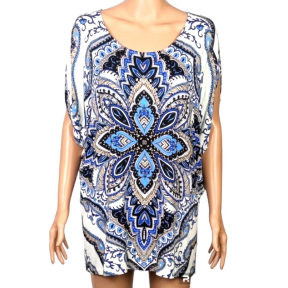Pullover Top Short Split Sleeves Flowy Paisley Summer Shirt Sz XL